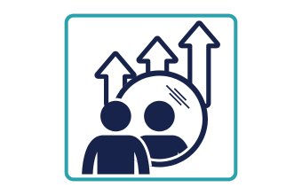 The image presents a stylized icon depicting a person standing in front of a mirror, with three upward-pointing arrows, each growing progressively larger from left to right, behind the mirrow. The person is represented by a simple stick figure, while the mirror is a circular shape with a reflection of the same stick figure inside. The background is white, the person, mirror, and arrows are outlined in dark blue. The image is enclosed in a turquoise square frame.