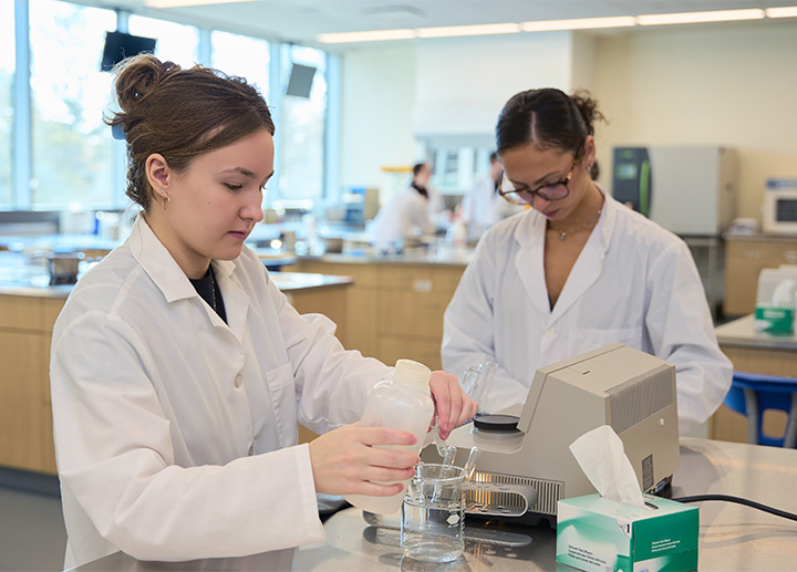 Students using equipment in the Food Lab.