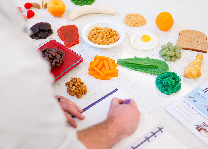 A student taking notes on various foods.