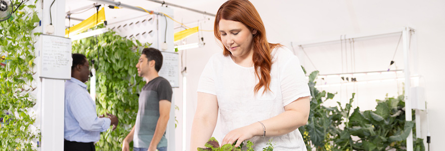 A student tending to plants in an indoor plant enclosure.