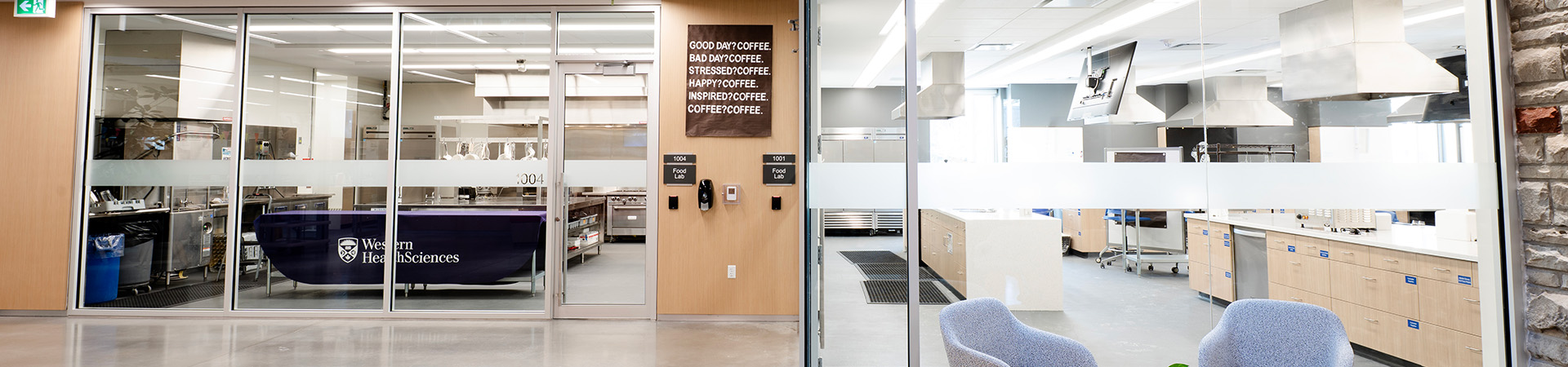 Interior view showing the commercial kitchen and one of the food labs side-by-side.