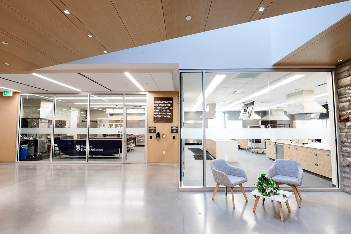 Interior shot within the Teaching Facilities showing the commercial kitchen and one of the food labs.