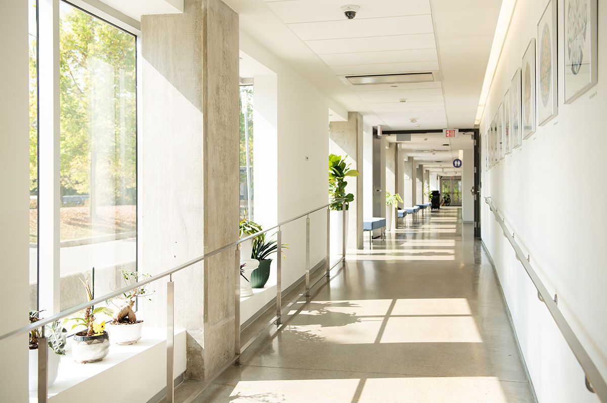 A hallway in the teaching facilities, with large glass windows along the exterior wall.