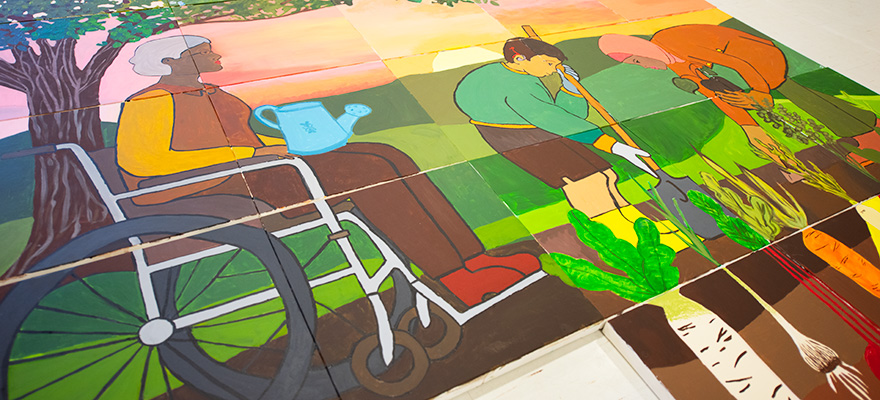 A painted mural fixtured on one of Elborn College’s sprawling walls