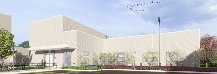 artist rendering of the building exterior with birds in the sky and people waking on nearby sidewalks.