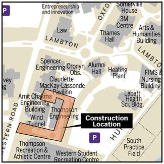 map with location outlined in orange on campus - reads "Construction Location"