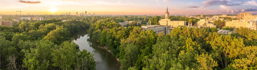 aerial view of campus focusing on the river and Middlesex College