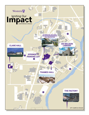 Map of campus with venues highlighted in purple.