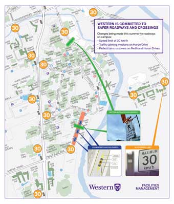 Thumbnail of a map of campus which shows the new medians on Huron drive in blue, the new crossing on Huron and Perth Drive in green, and new speed limit sign locations in orange.