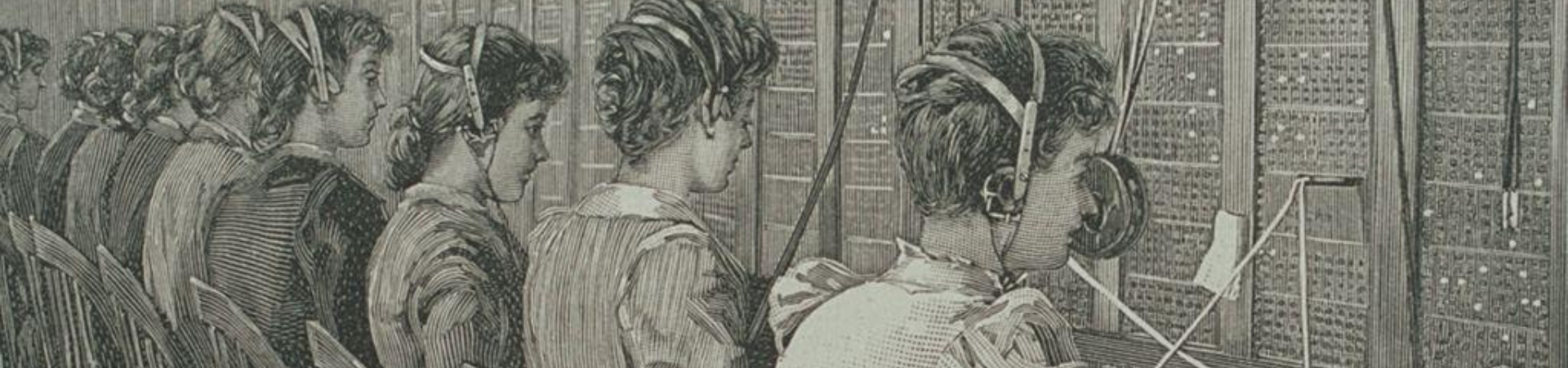 Early 20th century print illustration of women at a switchboard