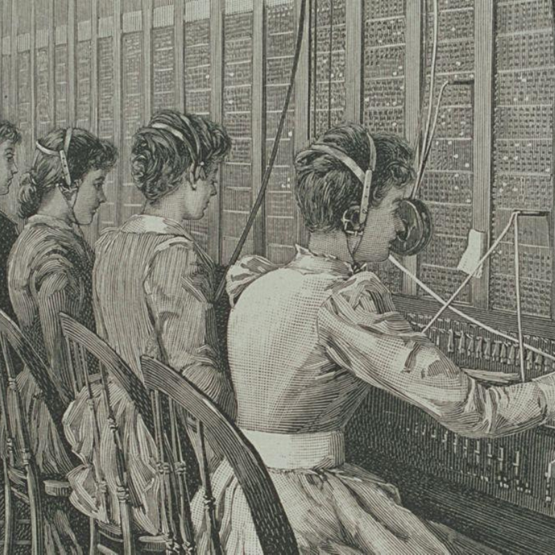 Early 20th century print illustration of women at a switchboard