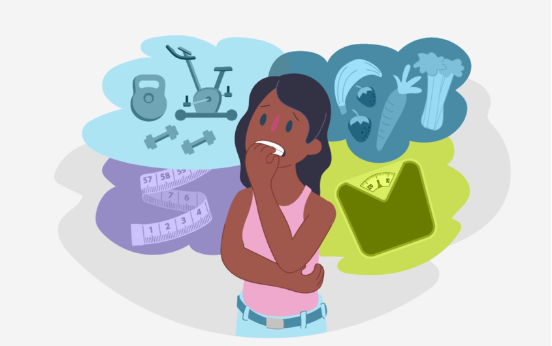 A cartoon young lady is surrounded by visual representations of mental health struggles related to food.