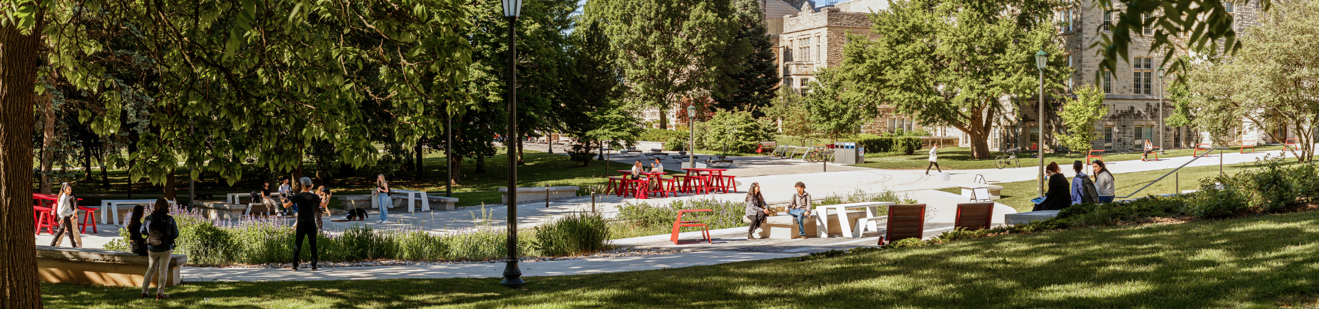 students walking on campus, outside UC tower on a sunny day.