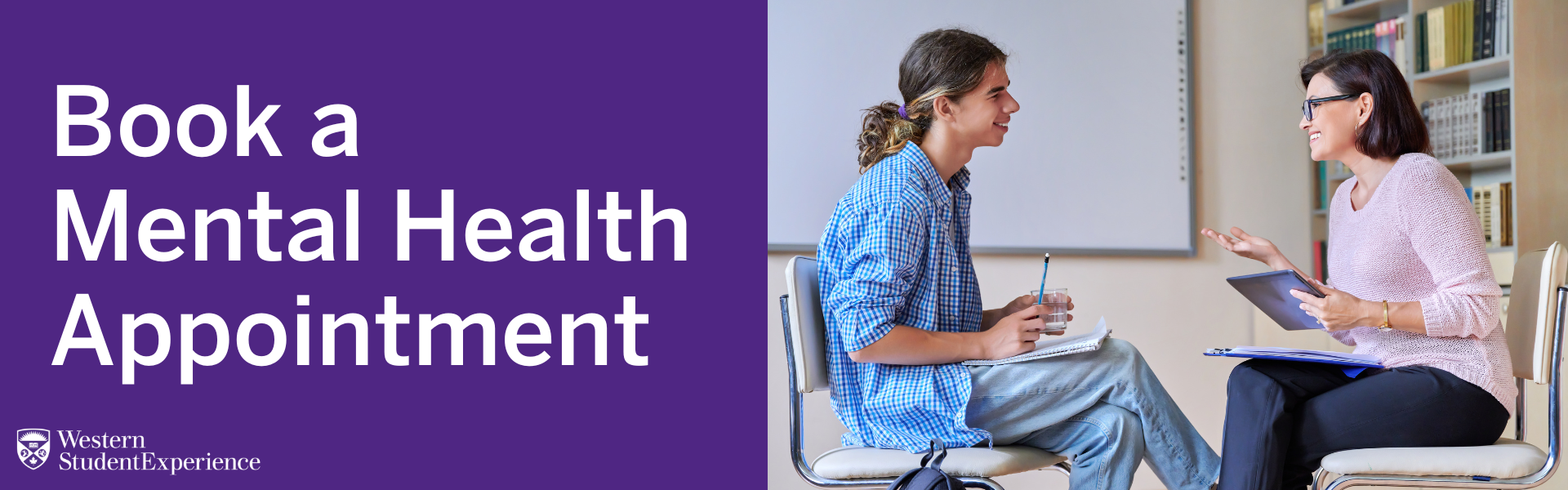 a counsellor sitting in a chair talking to a student who is sitting across from them in a chair