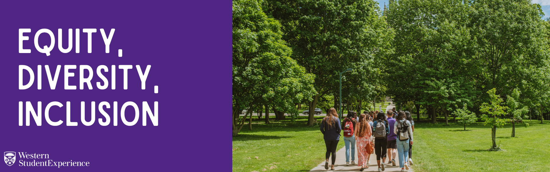 Equity, Diversity, Inclusion header, the back of students walking towards Middlesex College in the summer