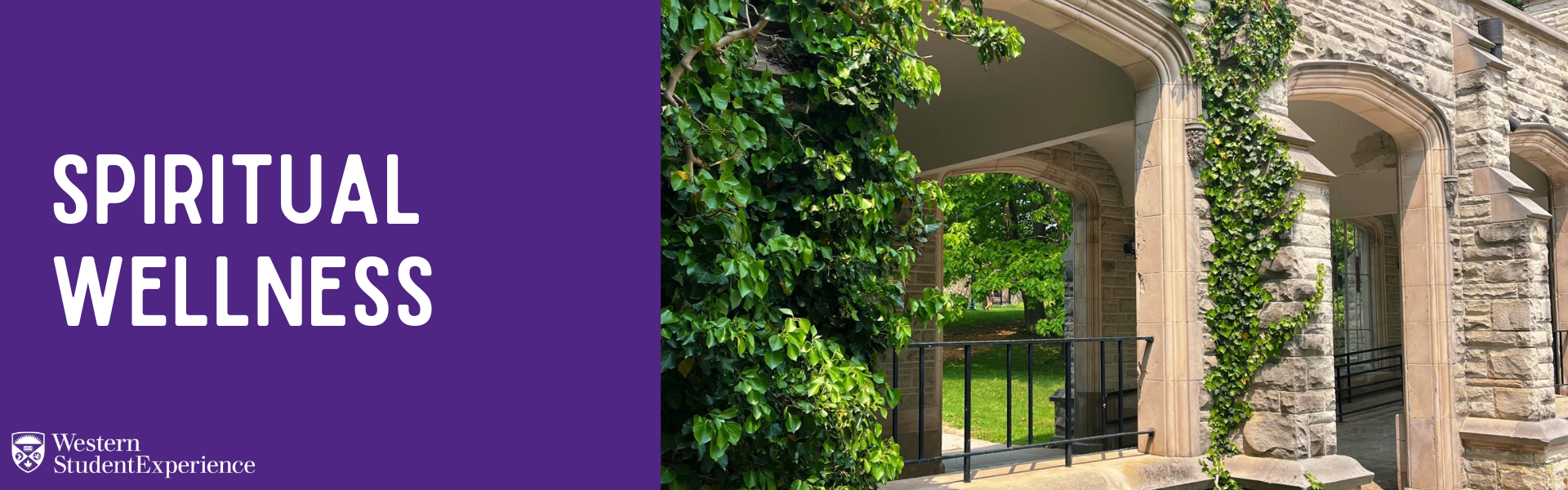 Spiritual Wellness header with picture of Thames Hall, green in the summer