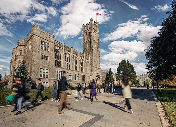 People walking in front of UC Tower at Western University