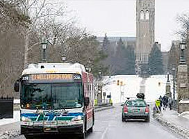 London transit bus on campus
