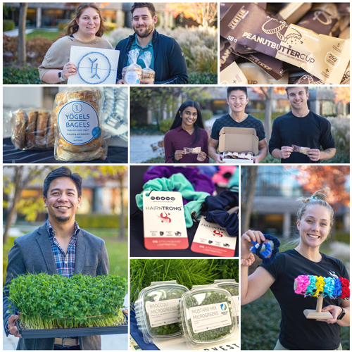 A collage of product shots and Western entrepreneurs holding their products and smiling at the camera