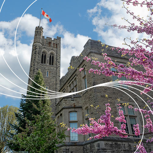 Photo of UCC tower with pink blossoms on a tree in the right bottom corner. White wavy lines across the photo.