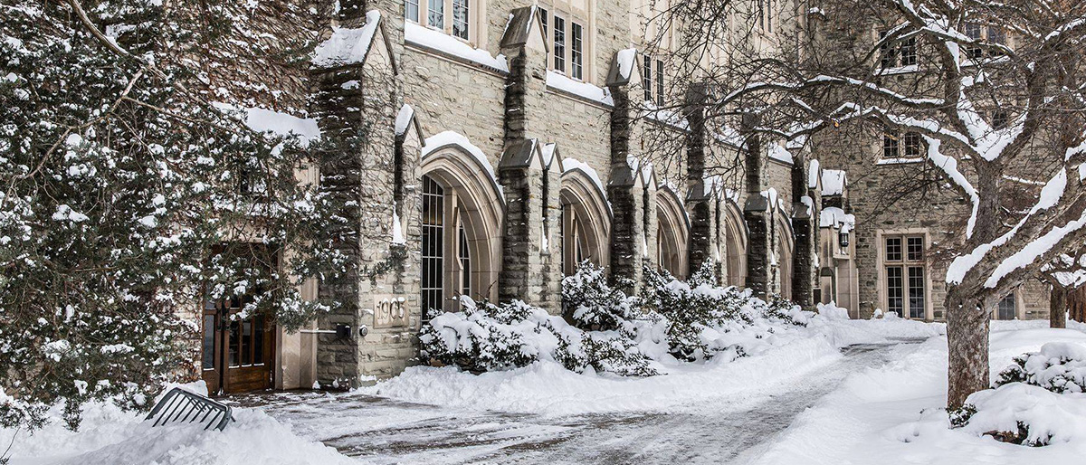 A shot of Middlesex College's entrance in the winter with snow all around it