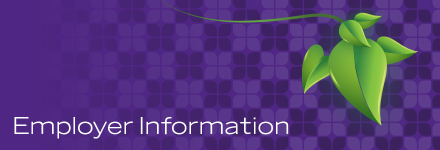 Purple leaf background, green leaf icon. Text: Employer Information