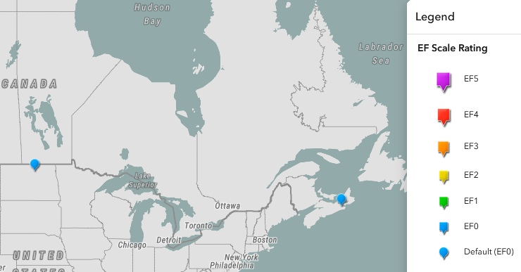 Map showing two tornadoes from 2024