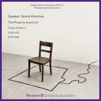 A simple wooden chair sits alone in a sparse, light-colored room. Thin black lines on the floor form a rectangular boundary beneath the chair and continue outward in an irregular, wavy shape, suggesting property or territorial boundaries.