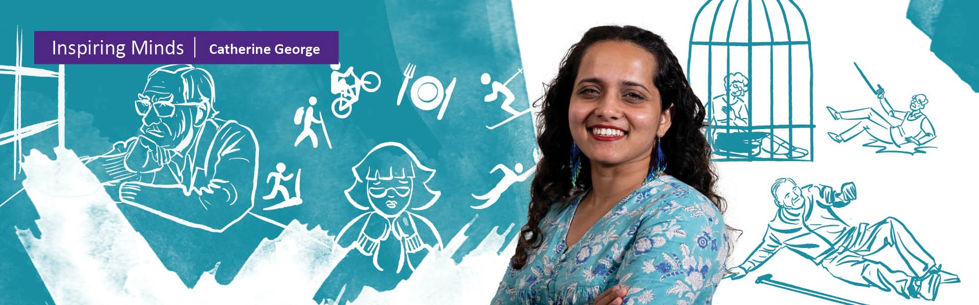 Photo of PhD Candidate Catherine George with illustrated background