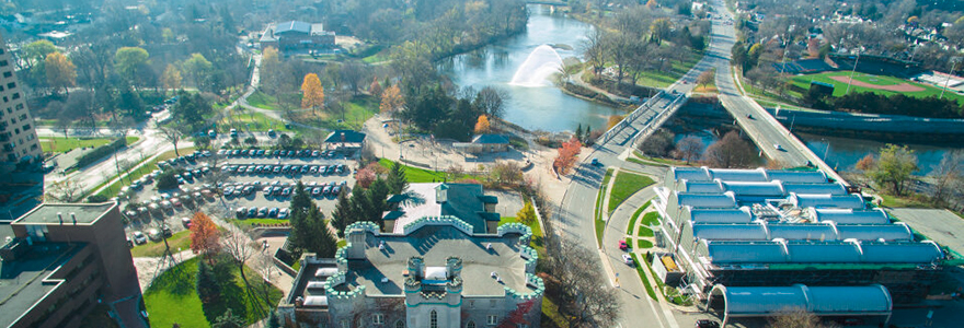 Aerial view of the forks of Deshkan Ziibi (Thames River) in London Ontario