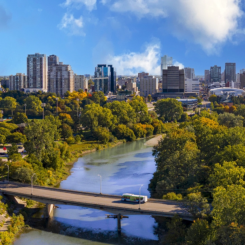 Drone shot of downtown London and the forks of Deshkhan Ziibi (Thames River)