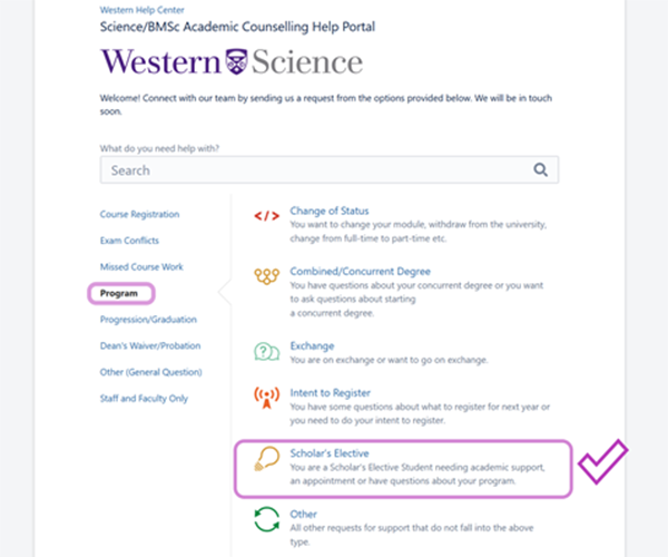 Help Portal interface with navigation to Scholar's Electives highlighted