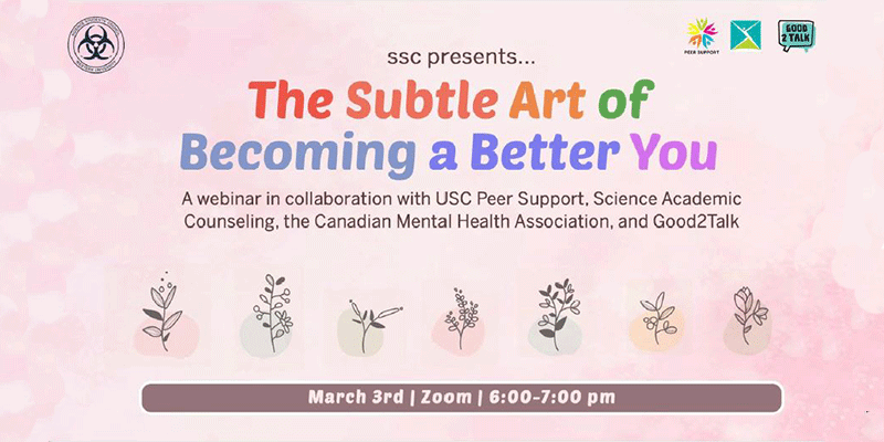 Event Poster "The Subtle Art of Becoming You" on pink watercolour field, text details on page.