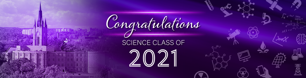 Congratulations! over purple field with science icons