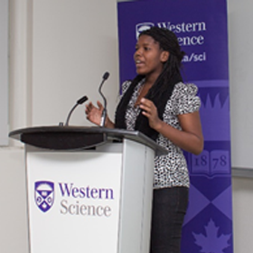 Student speaking at podium