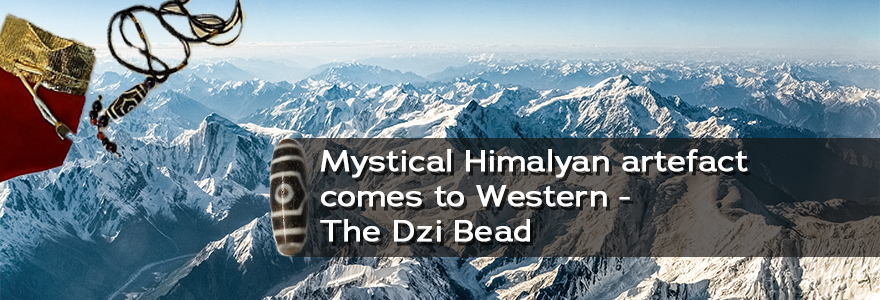 Dzi Bead Mystery, image of bead and himalayas