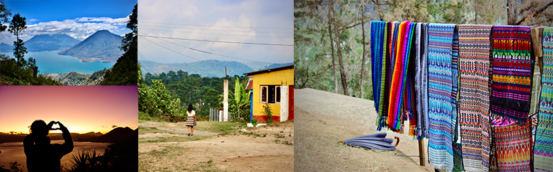 Collage of Schreyers experience in Guatemala including sunset, mountains, fabric, and village photos.