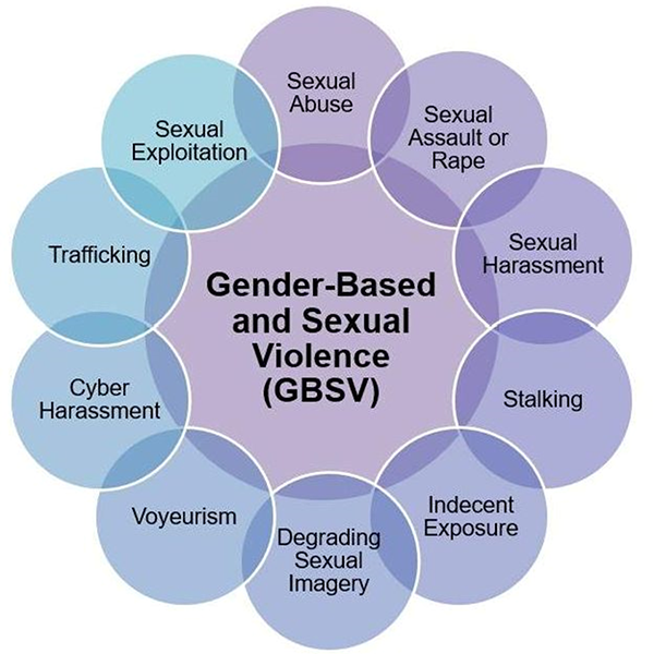 The question, “What can Gender-Based and sexual violence look like?” is written in the centre of the image, with different responses surrounding the question in circles with a gradient of purple and blue colouring. The responses are: stealthing, conversion rape, not stopping when your partner changes their mind, joking about rape, cyber-harassment, threatening to out someone, getting someone drunk to hook up and street harassment.