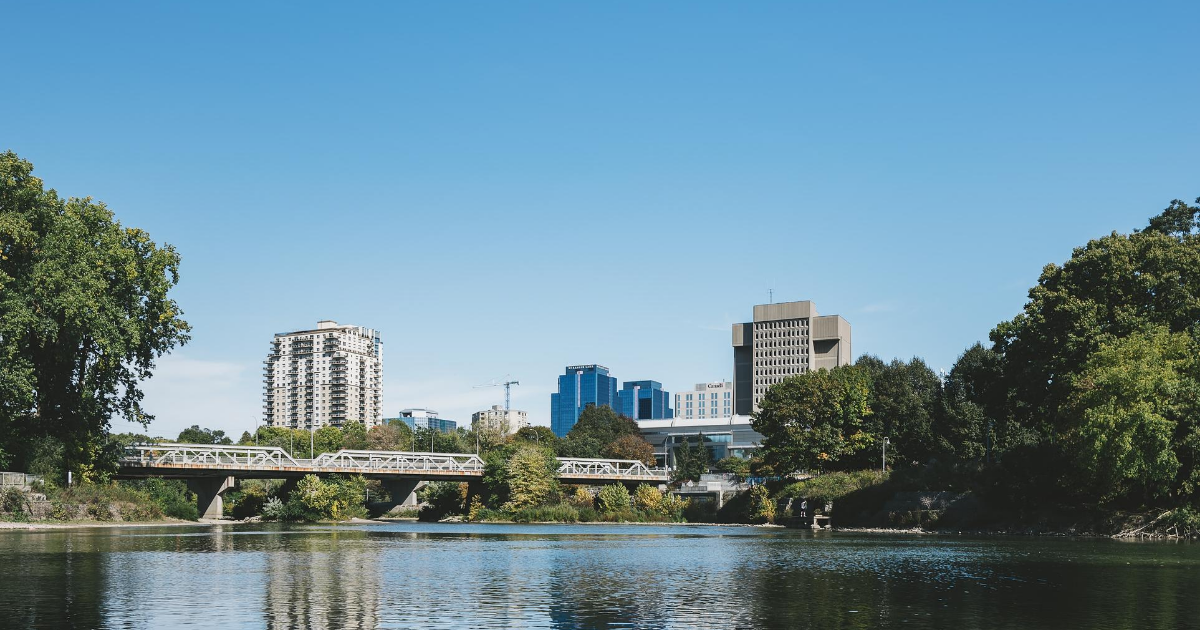 View of downtown London, Ontario, Canada and Thames River in Autumn