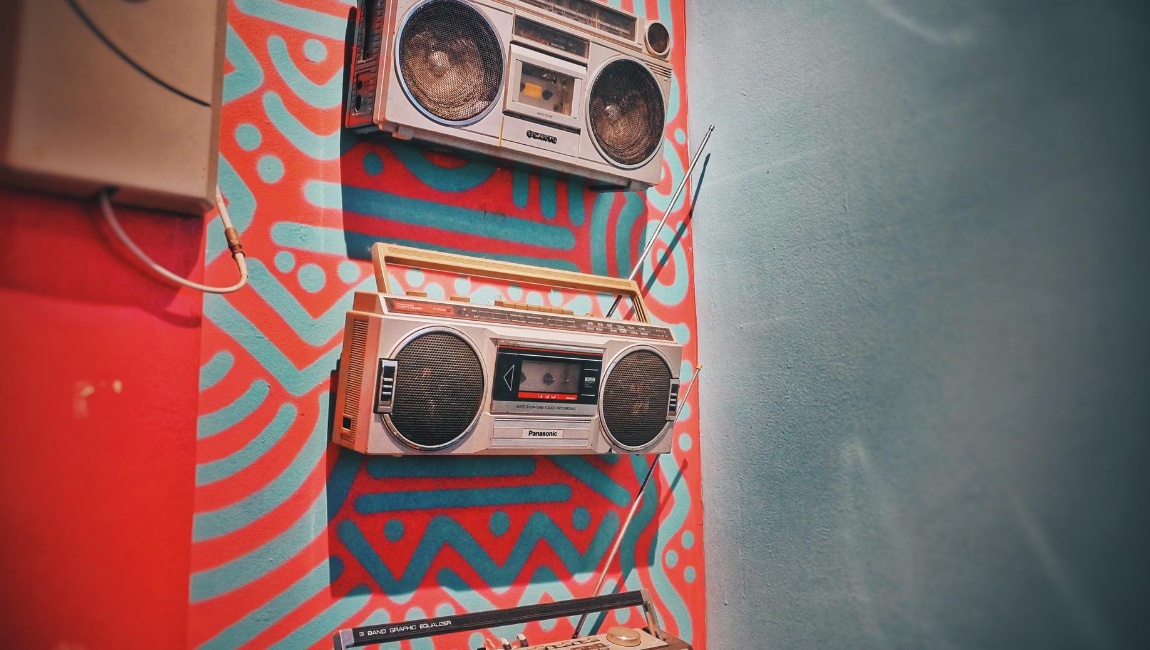 Bright coloured boom boxes