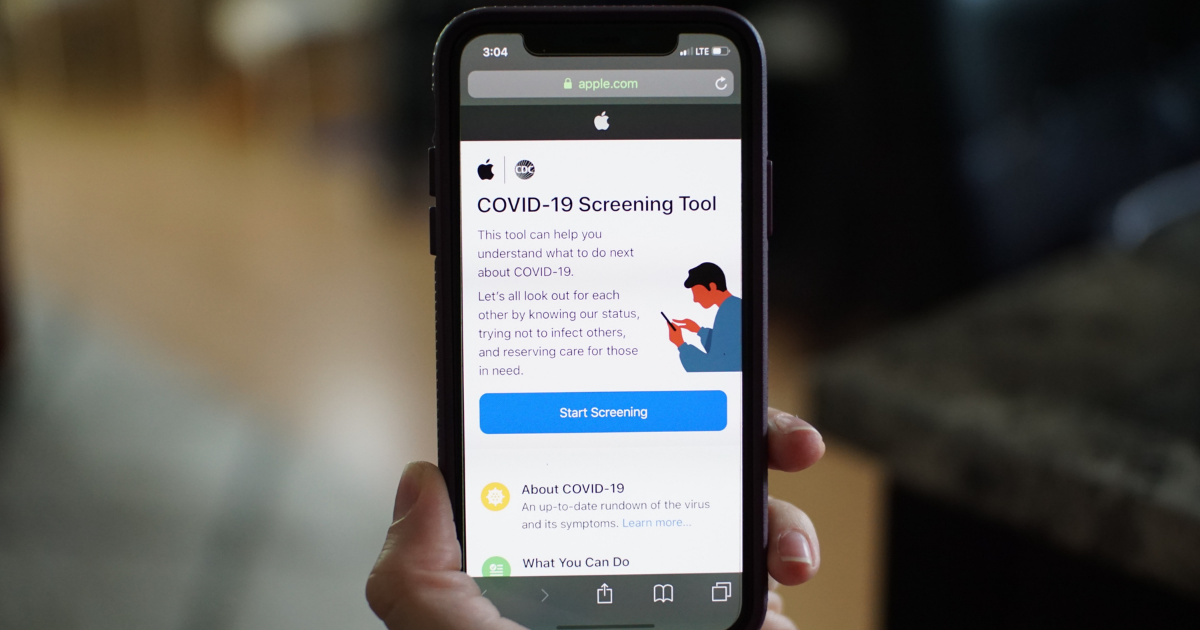 A picture of an iPhone screen displaying the COVID-19 Symptom tracker