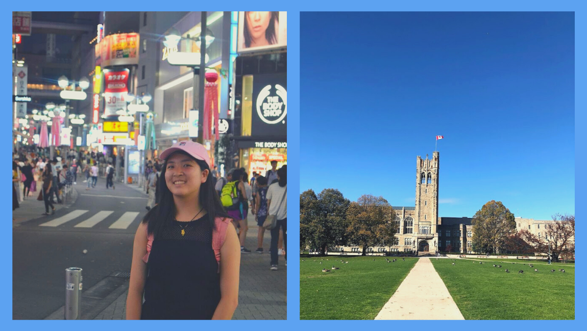 Collage of images. First of girl standing in a busy city. Second of University College