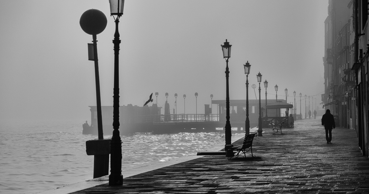 A person walks down a cobble stone street with birds in the sky and fog surrounding them