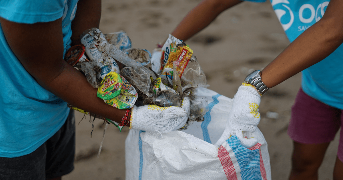 Two people picking litter up from a beach