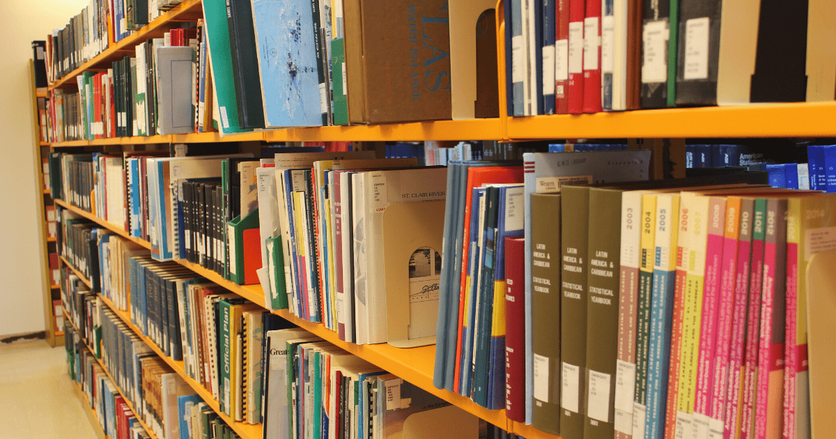 A photo of a book shelf in Weldon Library