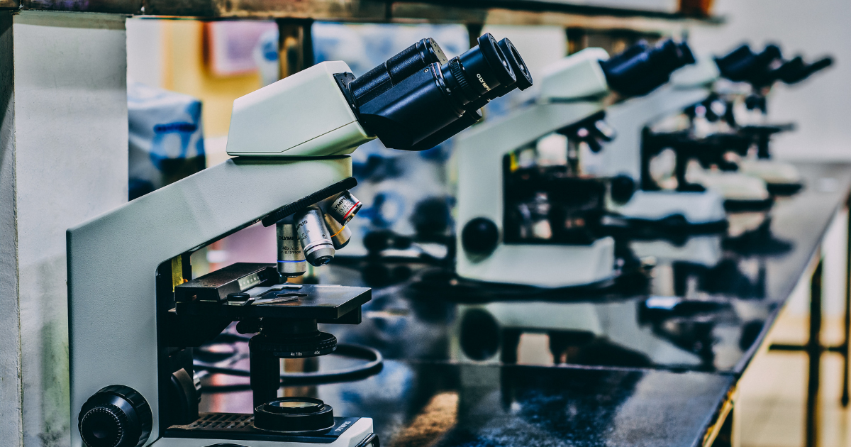 A photo of a row of microscopes sitting on a table