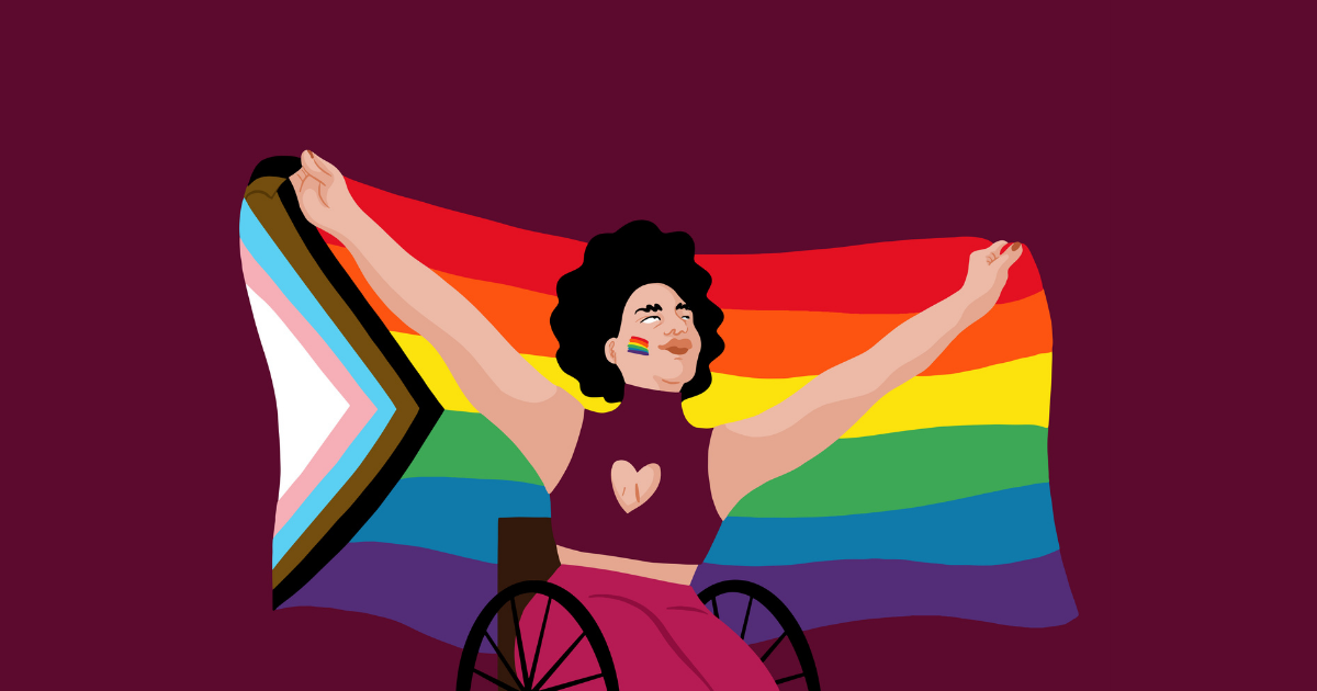 An illustration of a perosn in a wheelchair holding up the pride progress flag
