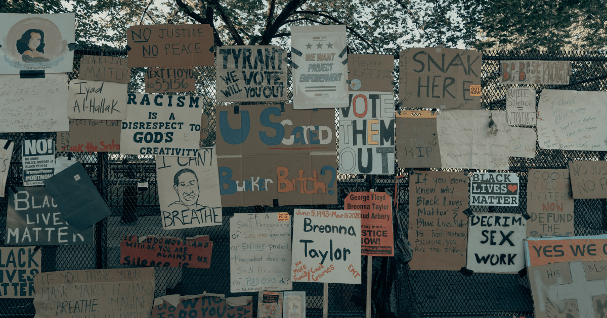 Photo of signs from a peaceful protest for Black Lives Matter