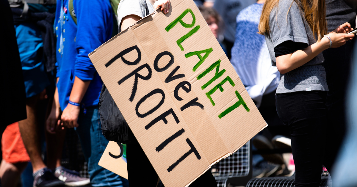 Photo of a person at a march against climate change holding a sign reading Planet not Profit in bold letters