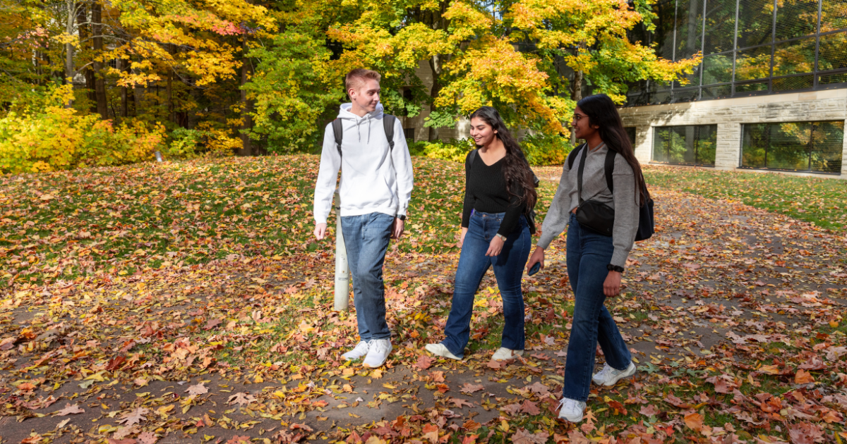 Three students walking and talking on campus on a fall day.